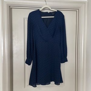 Ann Taylor Loft Navy Maroon Polka Dot Lined V-Neck Long Sleeve Dress Size 6